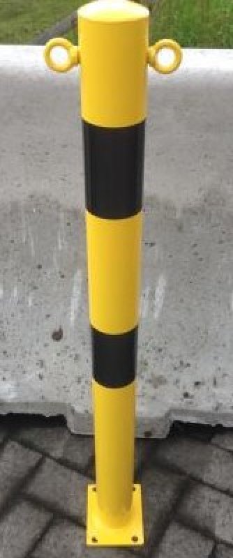Stootpaal met voetplaat - geel/zwart - Ø89 x H 1000 mm bovengronds met 2 kettingogen