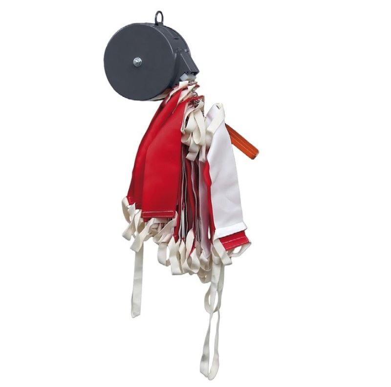 Draaibare stalen haspel met rood/witte veiligheidsbarriere