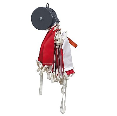 Draaibare stalen haspel met rood/witte veiligheidsbarriere