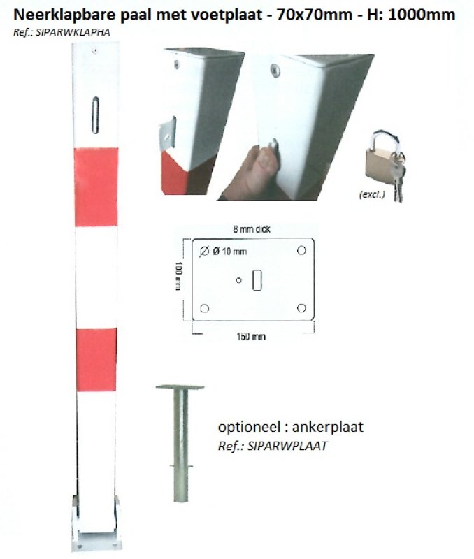 Paal wit/rood 70 x 70 mm neerklapbaar (voor hangslot excl.) met voetplaat L 1000
