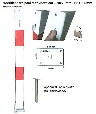 Paal wit/rood 70 x 70 mm neerklapbaar (voor hangslot excl.) met voetplaat L 1000