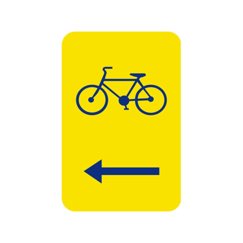 Bord T2000 gele achtergrond + blauwe picto fiets + pijl links