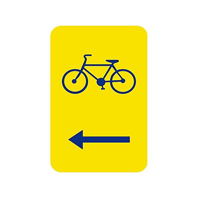 Bord T2000 gele achtergrond + blauwe picto fiets + pijl links