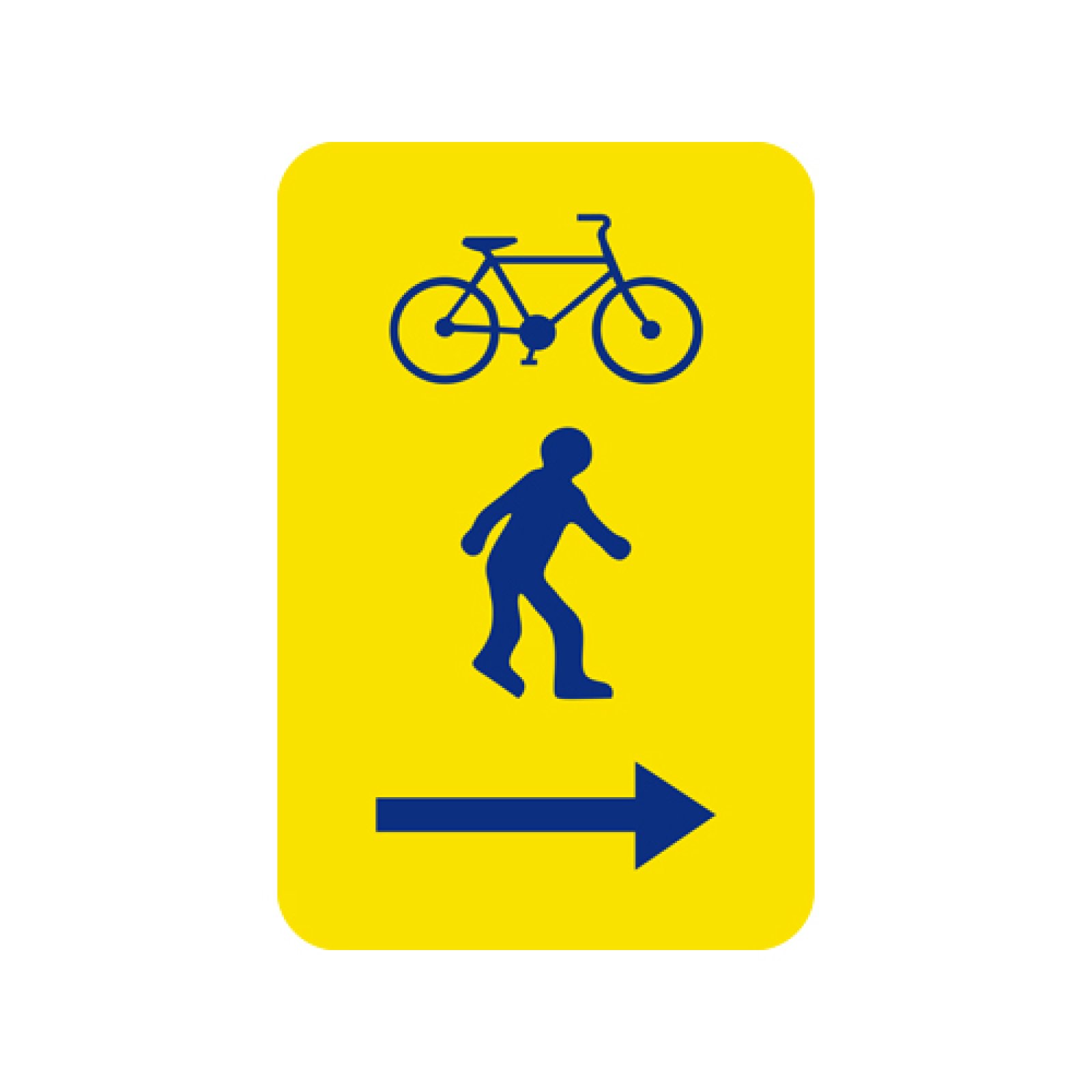 Bord T2000 gele achtergrond + blauwe picto voetganger en fiets + pijl rechts