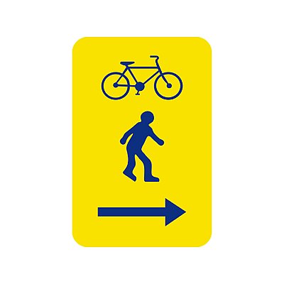 Bord T2000 gele achtergrond + blauwe picto voetganger en fiets + pijl rechts