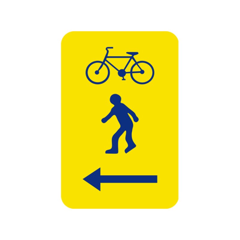 Bord T2000 gele achtergrond + blauwe picto voetganger en fiets + pijl links
