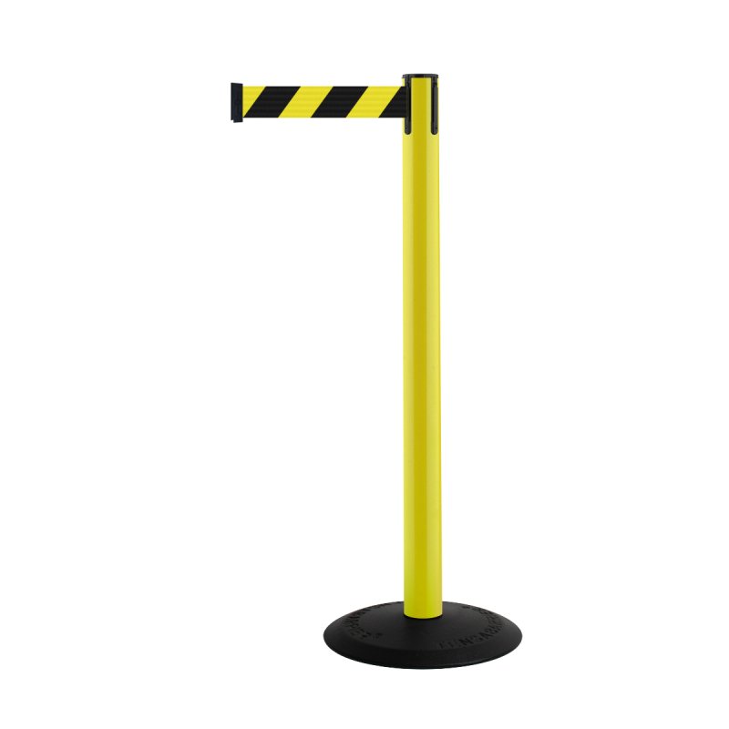 Paal in PVC GEEL met zwarte voet met geel/zwart uittrekbaar lint (2,30 m) H: 970 mm