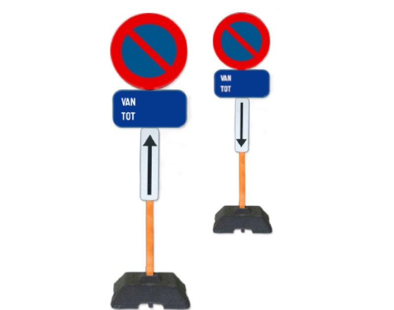 Set parkeerverbod E1 T250 (inclusief 2 sokkels 9kg) oranje paal + datumbord