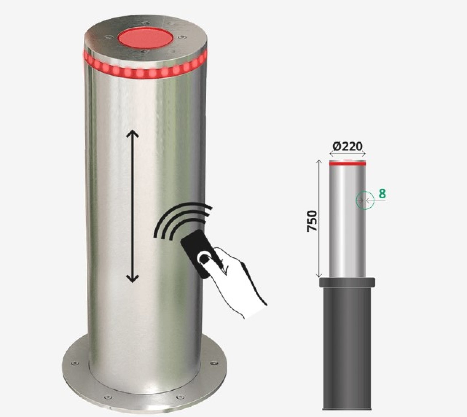 Set van 2 automatische bollards Ø220 x 750 x 8mm