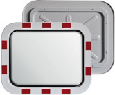 Verkeersspiegel in RVS met rood/wit kader in verschillende afmetingen (inclusief bevestigingsbeugel voor paal)