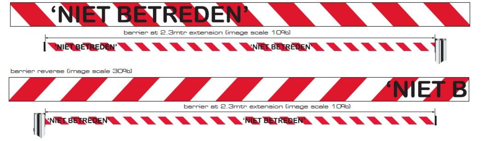 Wandcassette met uittrekbaar lint 2,0 m rood/wit voorzien van zwarte tekst 