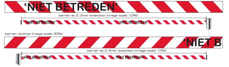 Wandcassette met uittrekbaar lint 2,0 m rood/wit voorzien van zwarte tekst 