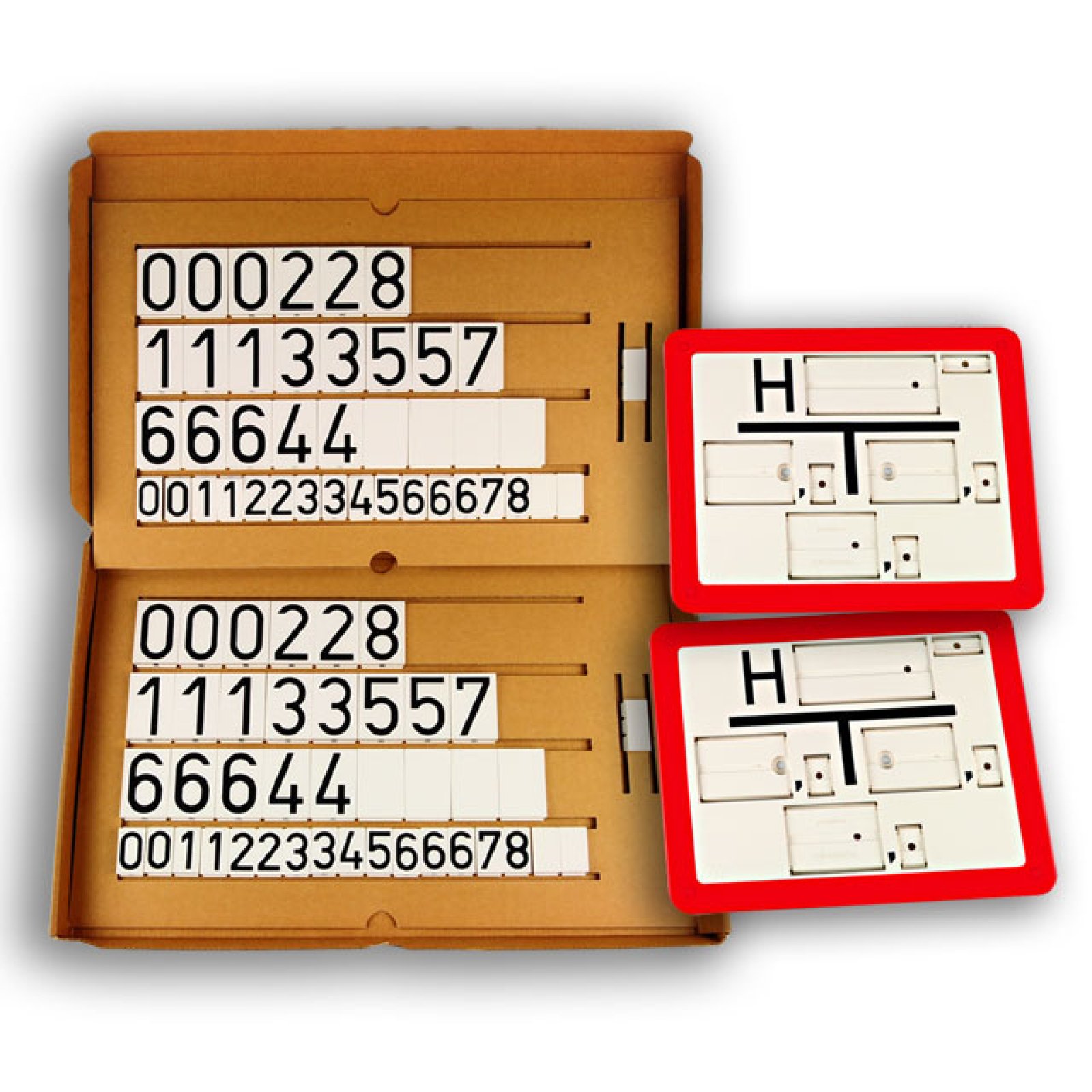 Complete set van 2 Hydrantenborden 250 x 200 rood/wit met assortiment cijfers