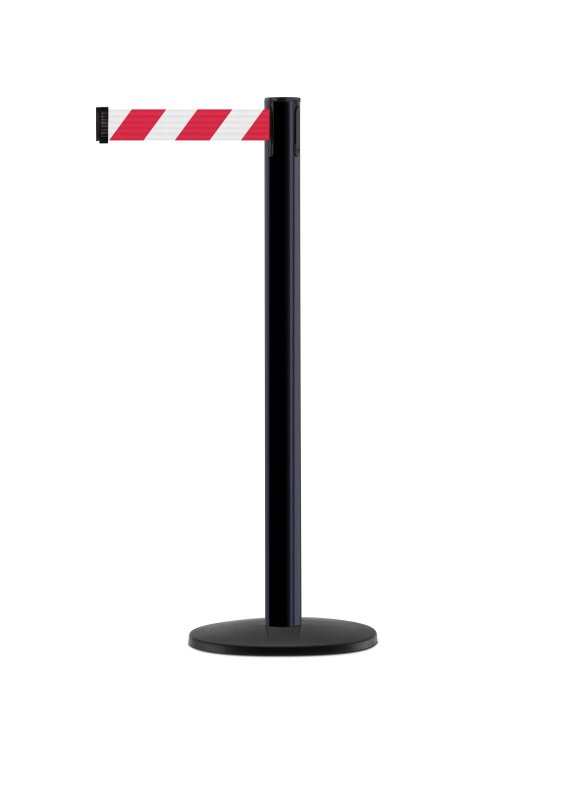 Paal in zwart satijn finish met uittrekbaar lint rood/wit (2,30 m)  H: 970 mm