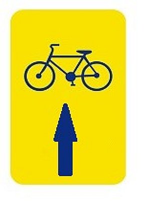 Bord T2000 gele achtergrond + blauwe picto fiets + pijl naar boven