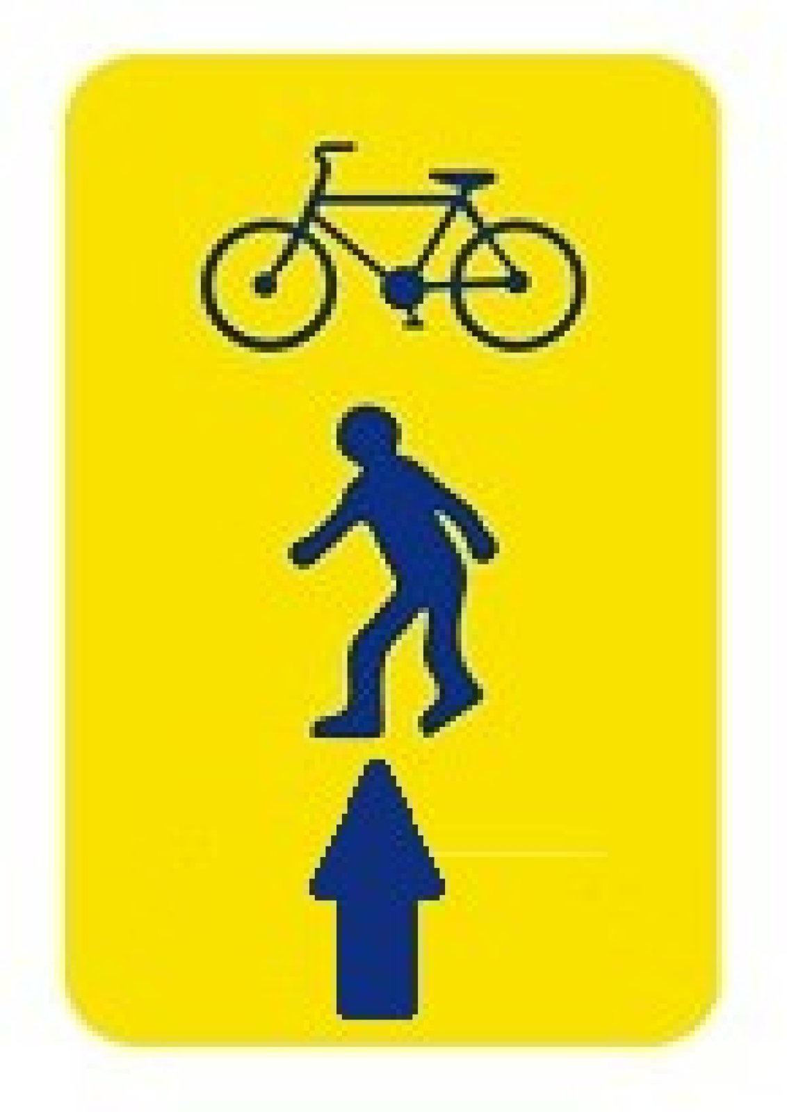 Bord T2000 gele achtergrond + blauwe picto voetganger en fiets + pijl boven