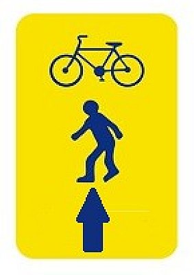 Bord T2000 gele achtergrond + blauwe picto voetganger en fiets + pijl boven