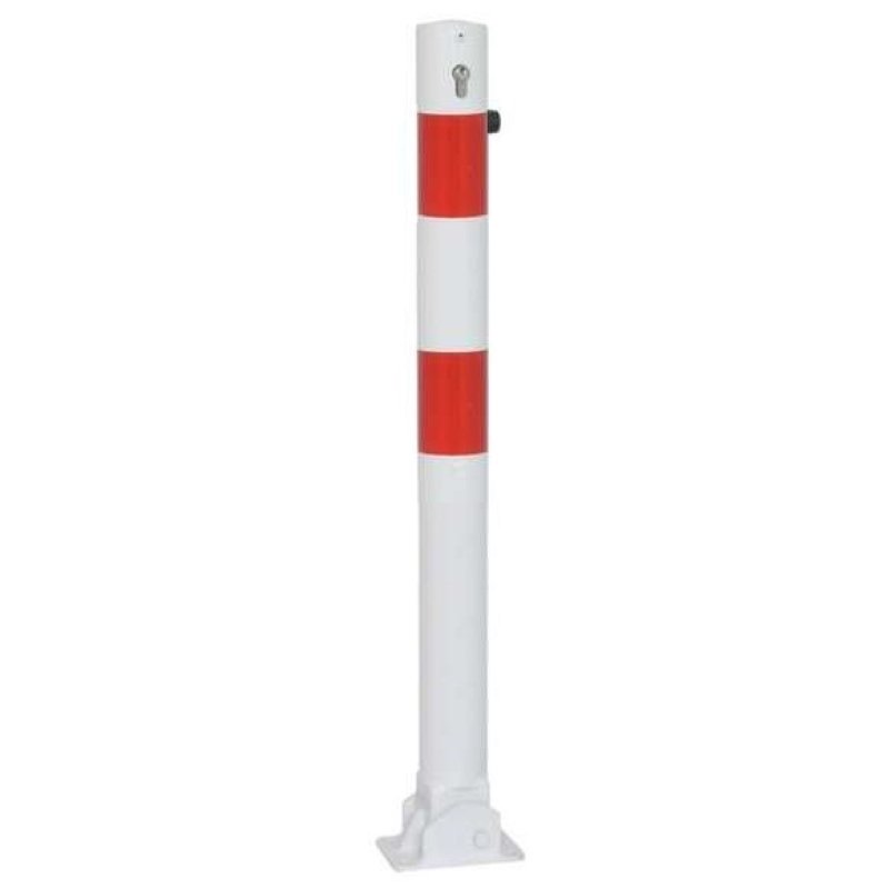 Paal wit/rood Ø 76 mm neerklapbaar (cilinderslot) met voetplaat L 1000 mm