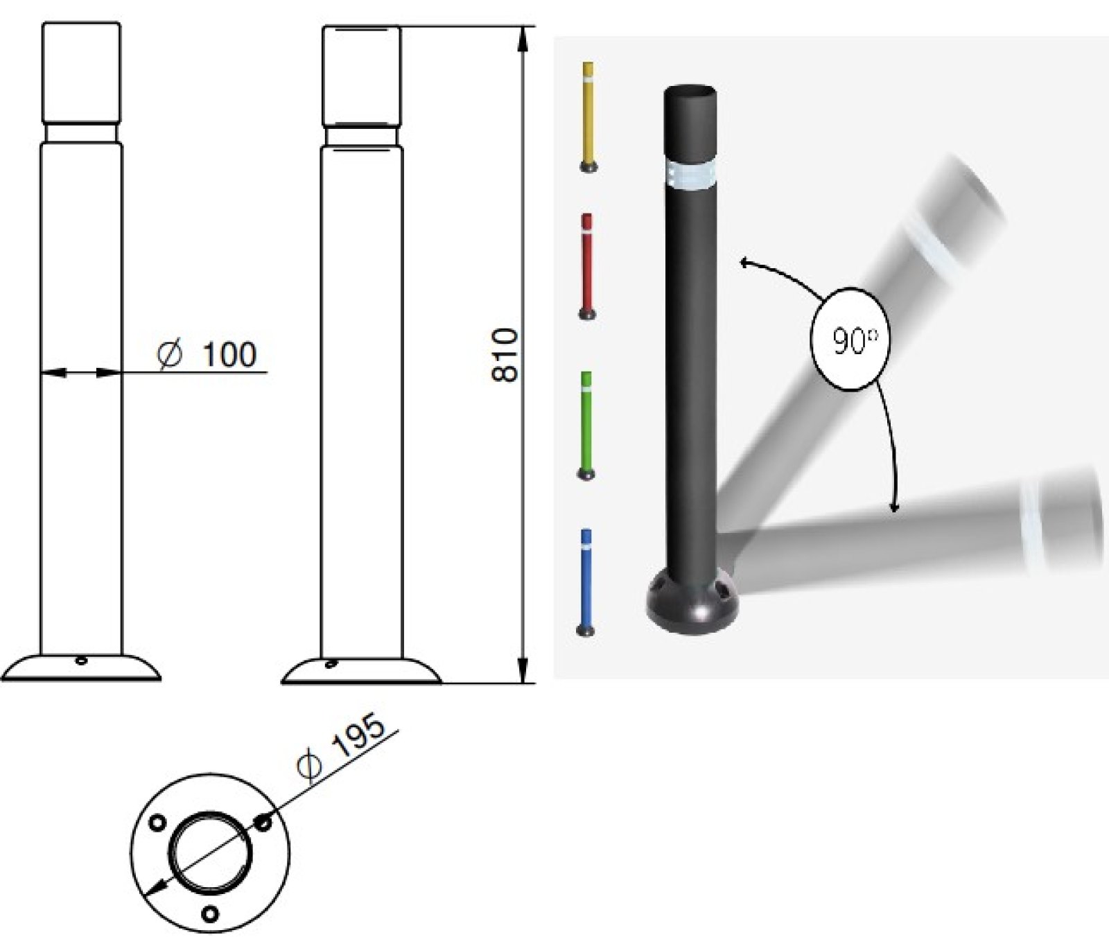 Flexibele paal Ø 100mm - H810 mm - blauw - met voetplaat