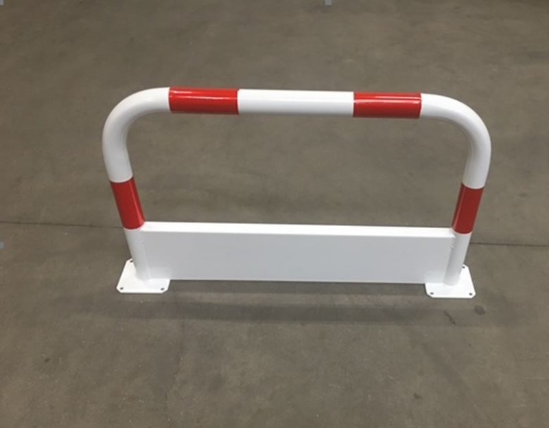 Stoot/rambeugel met vaste plaat Ø60 mm wit/rood - B 1000 x H 650 mm - met voetplaat