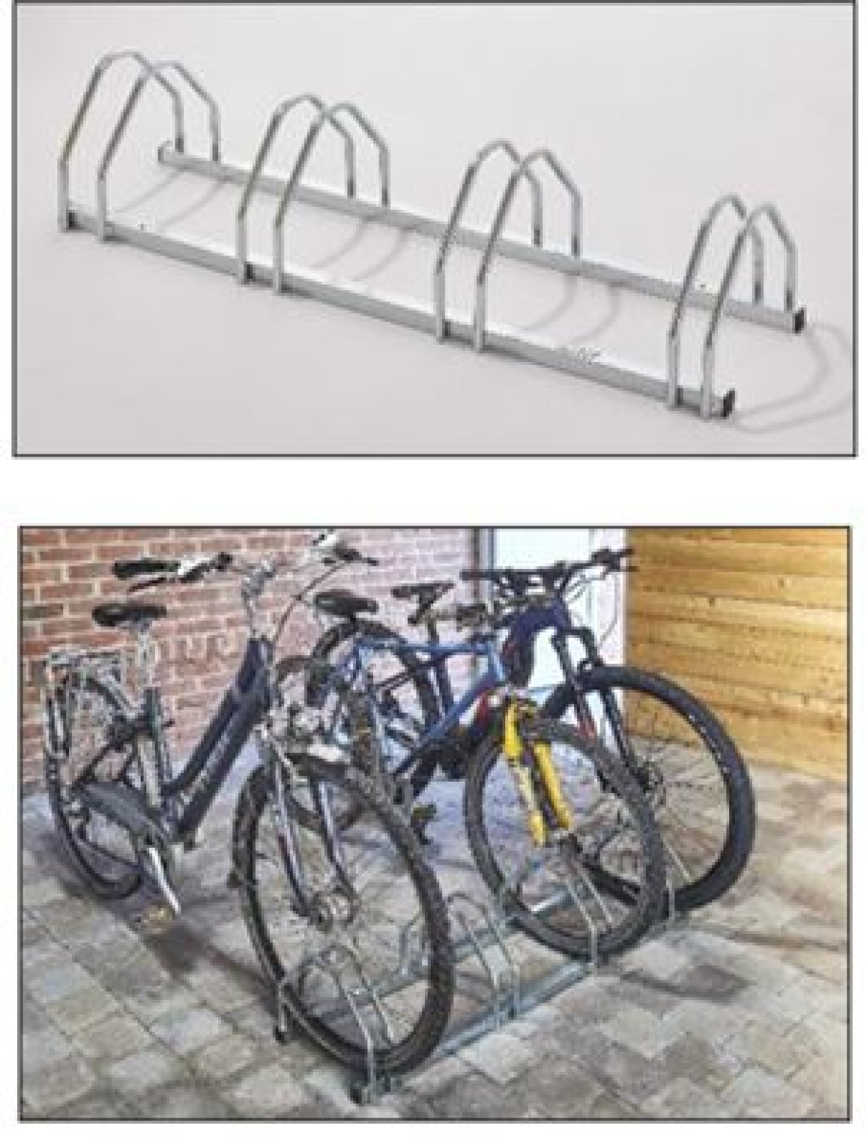 Verzinkt fietsenrek 4 fietsen - Face to face schikking - 1 niveau - L 1170 mm. Voor verschilende bandbreedtes
