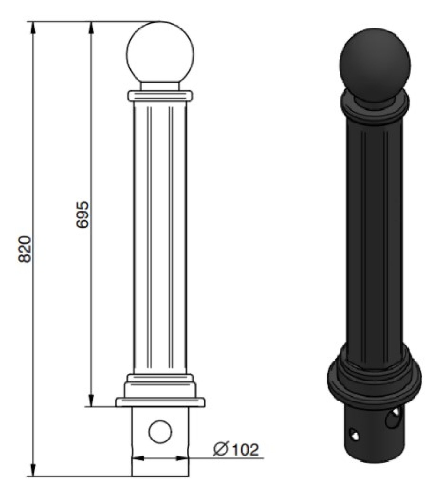 Vaste paal Ø160 mm - H 695 mm bovengronds - zwart - om in te betonneren